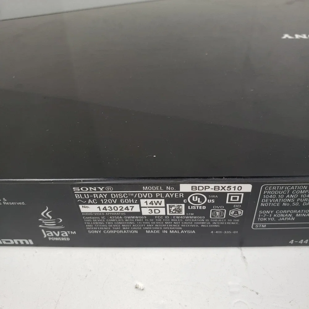 Sony BDP-BX510 Blu-ray DVD Player 3D Built-in Wi-Fi Black HDMI No Remote